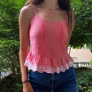 Pink and White Embroidered Blouse Tank